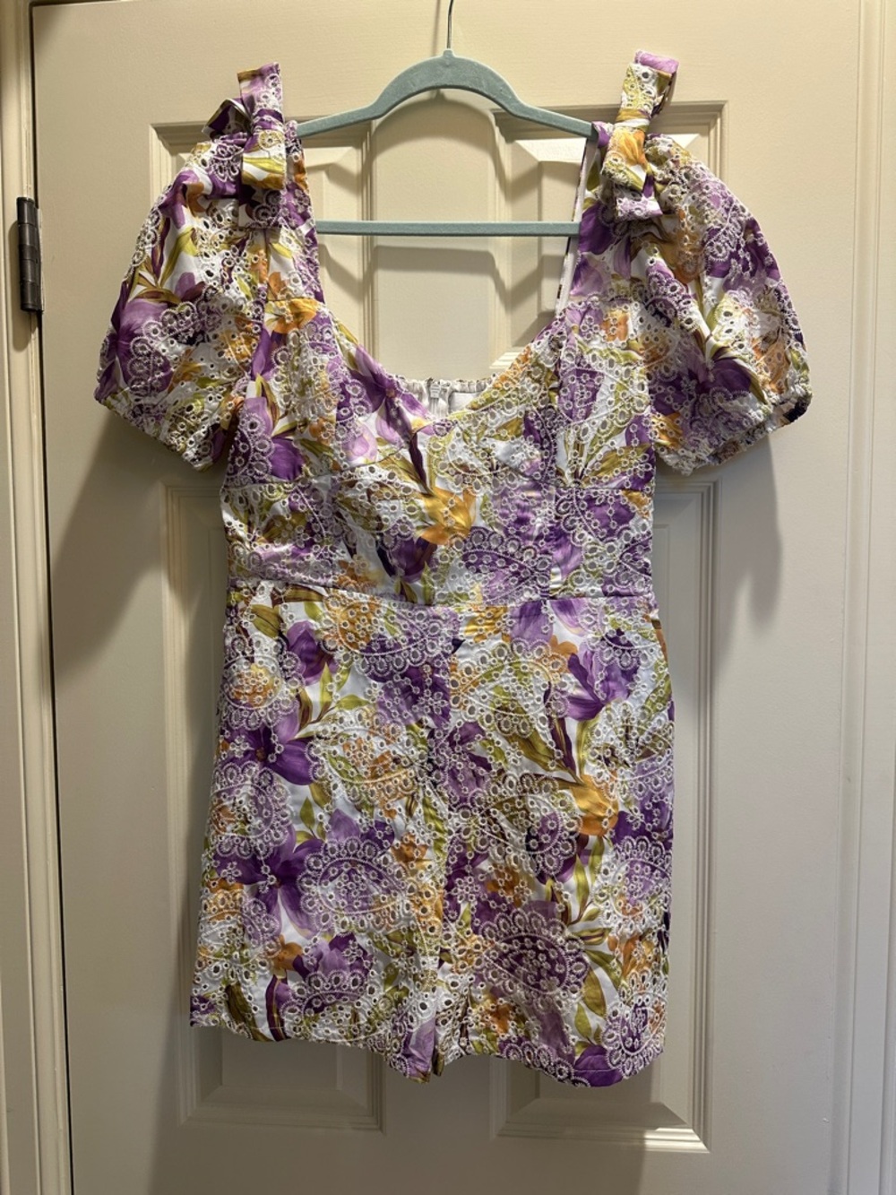 Adelyn Rae Purple Floral Eyelet Romper with Puff Sleeves